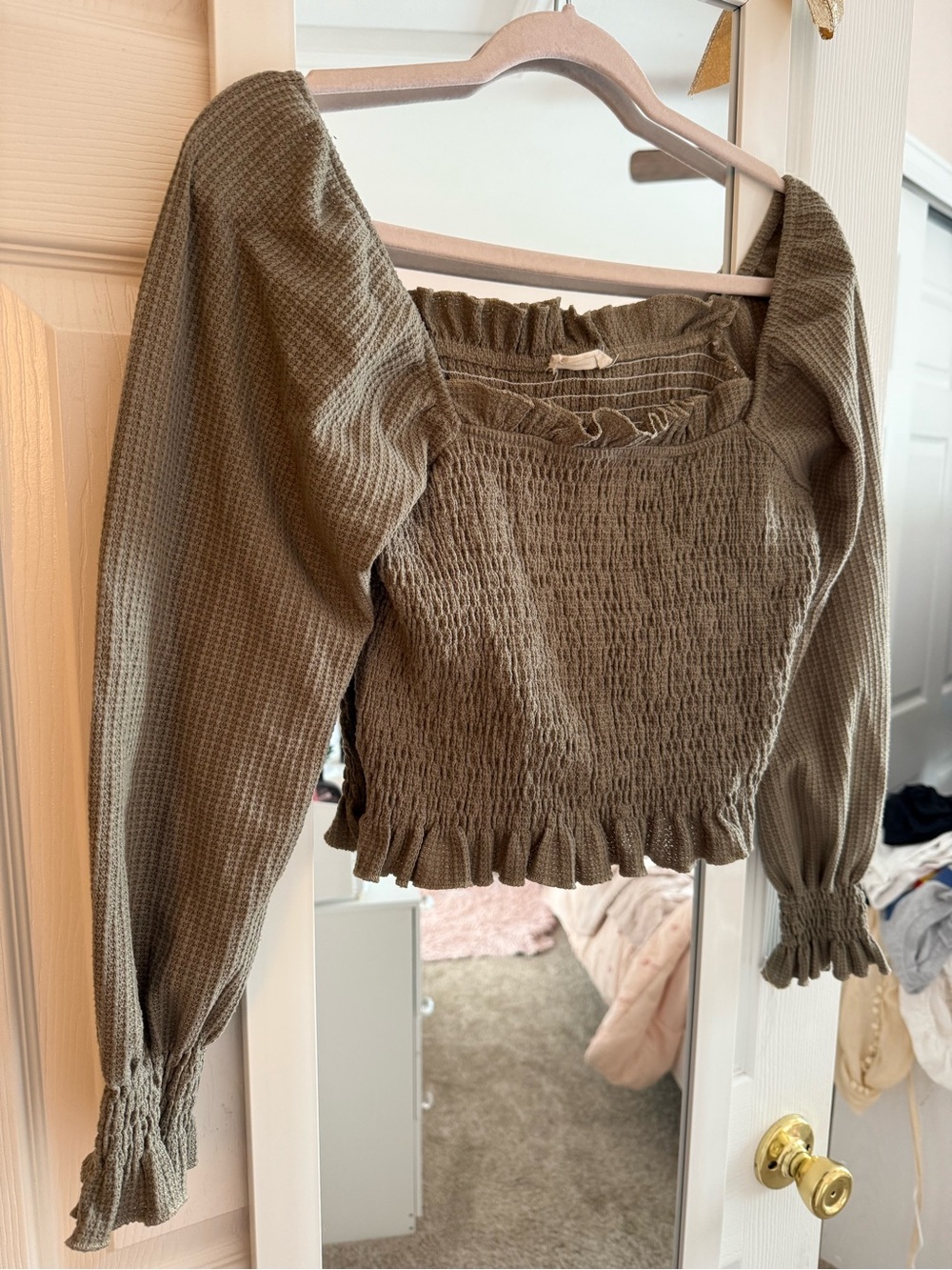 Altra Olive Waffle Smocked Long-Sleeve Crop Top